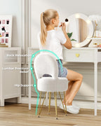 Small Vanity Stool Chair with Storage and Folding Back, 13" x 13" x 17.7" Faux Fur Soft Ottoman for Teenager, 4 Metal Legs with Anti-Slip Feet, Furry Padded Seat for Makeup, Bedroom, White