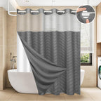 No Hook Shower Curtain and Liner Set, Black Snap in Shower Curtain Ringless Chevron Tufted Cloth Waterproof Washable Fabric Bath Curtain with See Through Top Window for Bathroom Hotel 71" x 74"