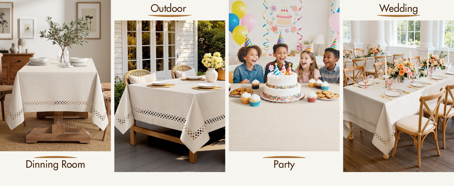 Beige Rectangle Linen Polyester Tablecloth with Decorative Cutouts Spring Waterproof Stain Resistant & Shrink-Proof Table Cloth 52x70 inch Farmhouse Style for Dining Wedding and Outdoor