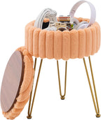 Vanity Stool with Storage, Faux Fur Ottoman Chair with Metal Legs, Round Makeup Vanity Chair for Bedroom or Dressing Table, Modern Small Ottoman Seat (Pink)