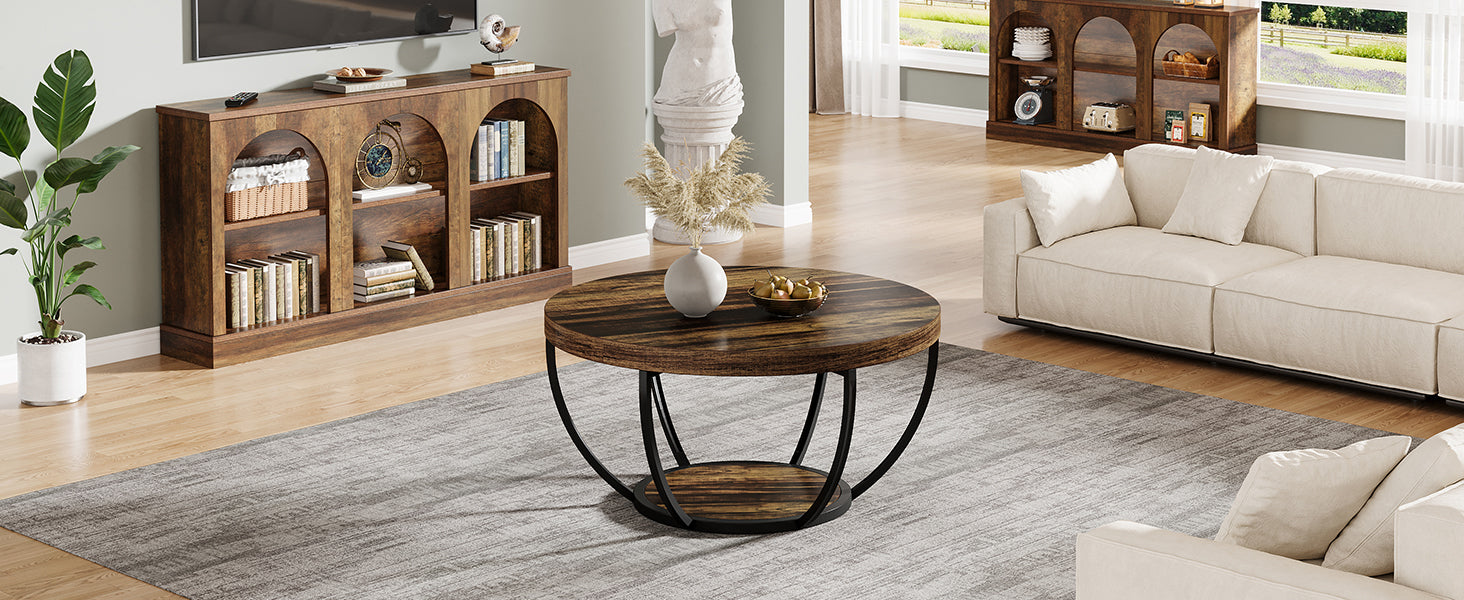 Tribesigns Round Coffee Table, 31.7" Wooden 2-Tier Circle Coffee Table with Storage Shelves, Modern Accent Cocktail Table Center Table for Living Room, Rustic Brown