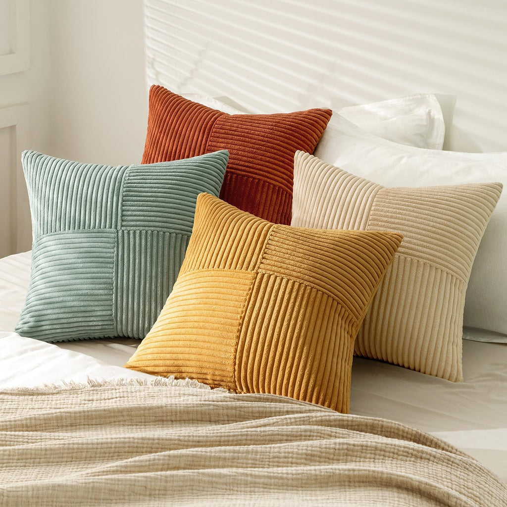 MIULEE Teal Orange Decorative Throw Pillow Covers 18x18 Inch Set of 4 Boho Corduroy Striped Cushion Cases Modern Farmhouse Patchwork Pillow Cases for Couch Sofa Bedroom Home Decor