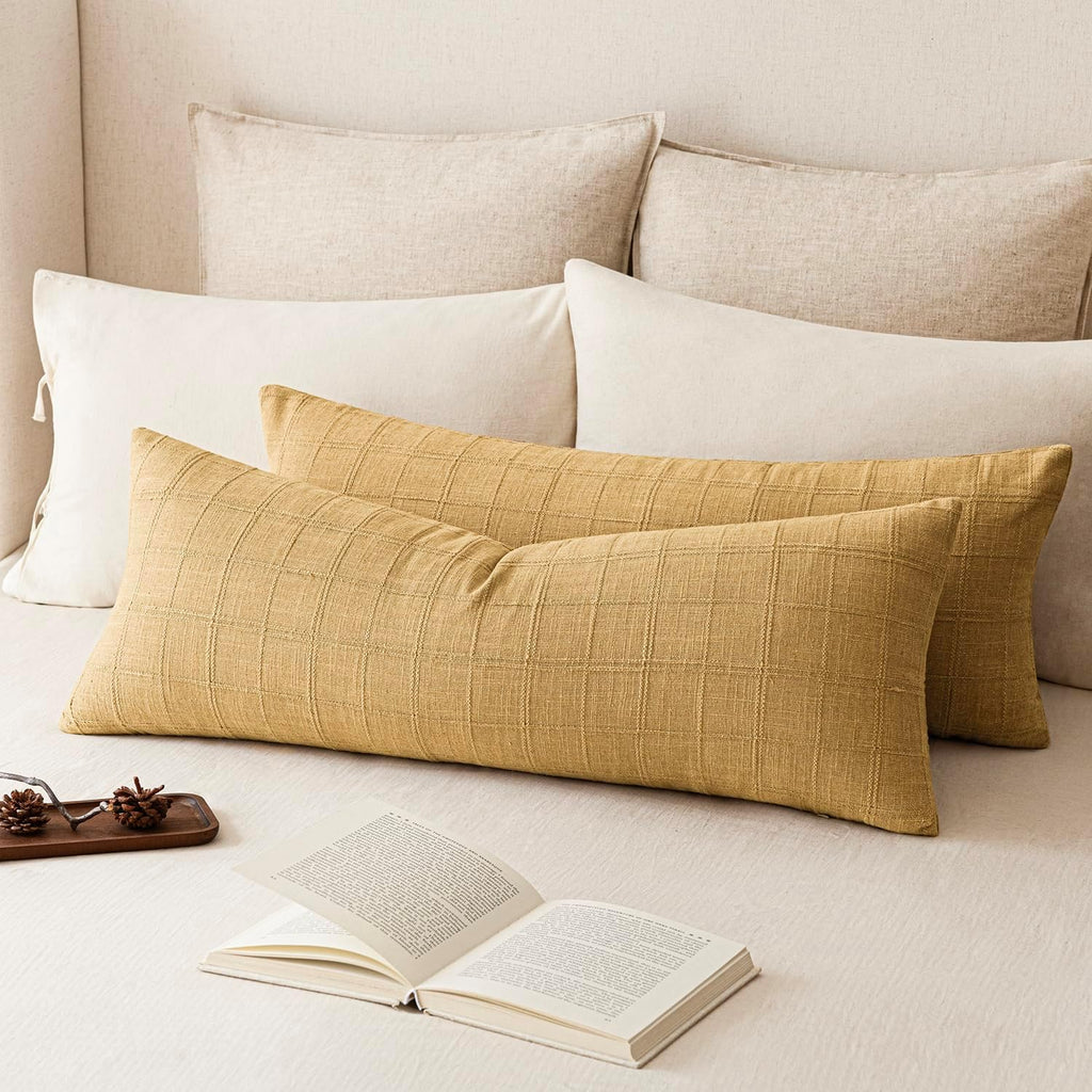 Foindtower Set of 2 Decorative Linen Check Throw Pillow Covers Neutral Farmhouse Vintage Cushion Covers Modern Boho Home Decor for Sofa Chair Couch Bedroom Living Room,18×18 Inch,Natural Beige