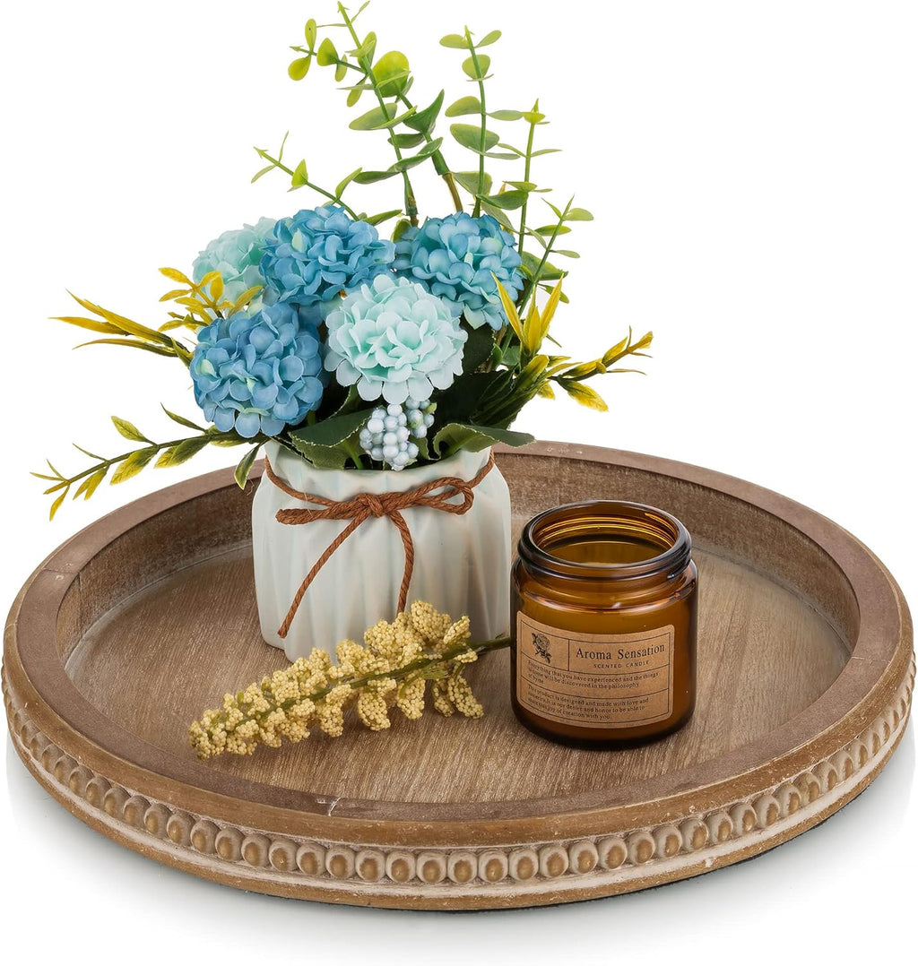 Round Wooden Decorative Tray: White Washed Bead Tray Decor for Coffee Table Centerpiece Rustic Farmhouse Tray for Kitchen Counter Living Room Decoration