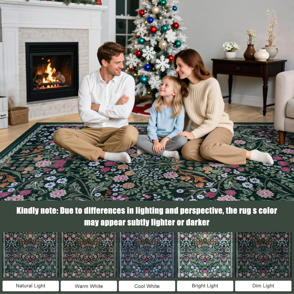 8x10 Area Rugs for Living Room: Floral Washable Rug Vintage Large Soft Boho Non-Slip Carpet Indoor Floor Stain Resistant Carpets for Bedroom Dining Room Farmhouse Nursery Home Office Dark Green