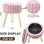 Vanity Stool with Storage, Faux Fur Ottoman Chair with Metal Legs, Round Makeup Vanity Chair for Bedroom or Dressing Table, Modern Small Ottoman Seat (Pink)
