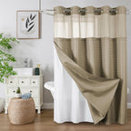 No Hook Waffle Shower Curtain with Snap in Fabric, Waterproof Shower Curtains with See Through Top Window, Hotel Luxury Heavy Duty Bathroom Curtain and Liner Set, 72'' x 75'', Black