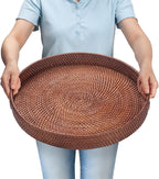 13.8 inch Round Rattan Tray, Decorative Coffee Table Tray, Ottoman Tray, Woven Serving Tray with Handles, Wicker Serving Basket, Whitewash