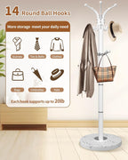 Metal Coat Rack with Natural Marble Base,360°Rotary Coat Rack Stand with 14 Hooks,Modern Freestanging Coat Racks,White Coat Jacket Hanger Clothes Tree Stand for Entryway,Corner