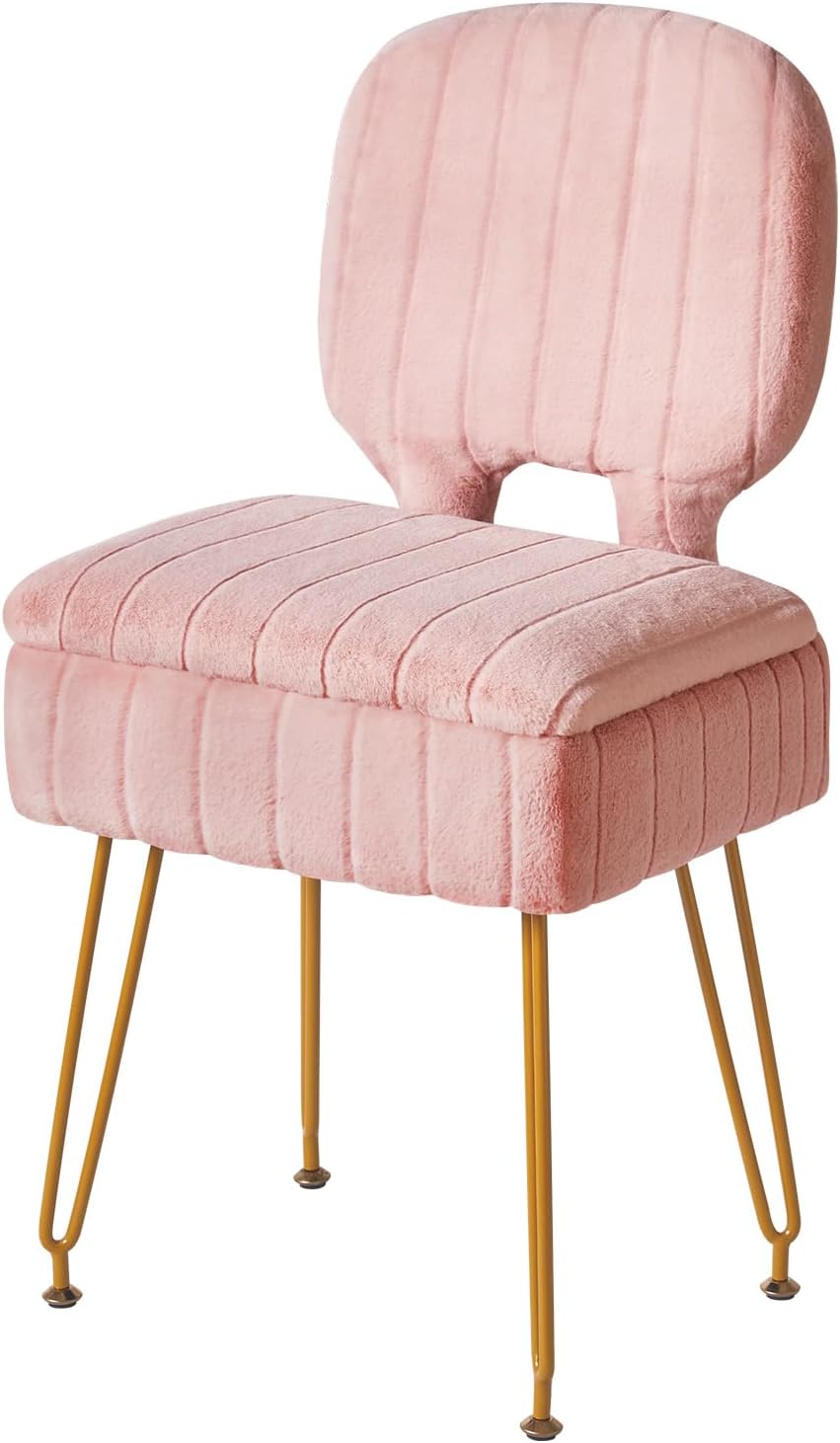 Small Storage Vanity Stool with Folding Backrest, 12.99" x 13.78" x 31.5" Square Teddy Velvet Ottoman, Makeup Chair for Living Room, 4 Metal Legs with Anti-Slip Feet, White WBD027W