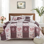 Quilt Set Full/Queen Size, 3 Pieces Green Floral Plaid Summer Bedspread Coverlet Set, Soft Microfiber Reversible Lightweight Bed Cover for All Season (90" x 90", 1 Quilt+ 2 Pillow Shams)