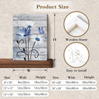 Farmhouse Floral Wall Art for Living Room, Blue and White Daisy Flower and Butterfly on Rustic Wood Board Canvas Wall Art Framed Artwork Ready to Hang for Bathroom Bedroom Decor, 16L X 12W