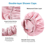 Shower Cap for Women, Double Layer Waterproof Bath Cap, Reusable Hair Protector, Large Waterproof Shower Bonnet Washable Elastic Band Bath Hair Hat for Long Hair, Braids， - Pink