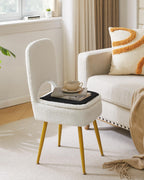 Small Storage Vanity Stool with Folding Backrest, 12.99" x 13.78" x 31.5" Square Teddy Velvet Ottoman, Makeup Chair for Living Room, 4 Metal Legs with Anti-Slip Feet, White WBD027W