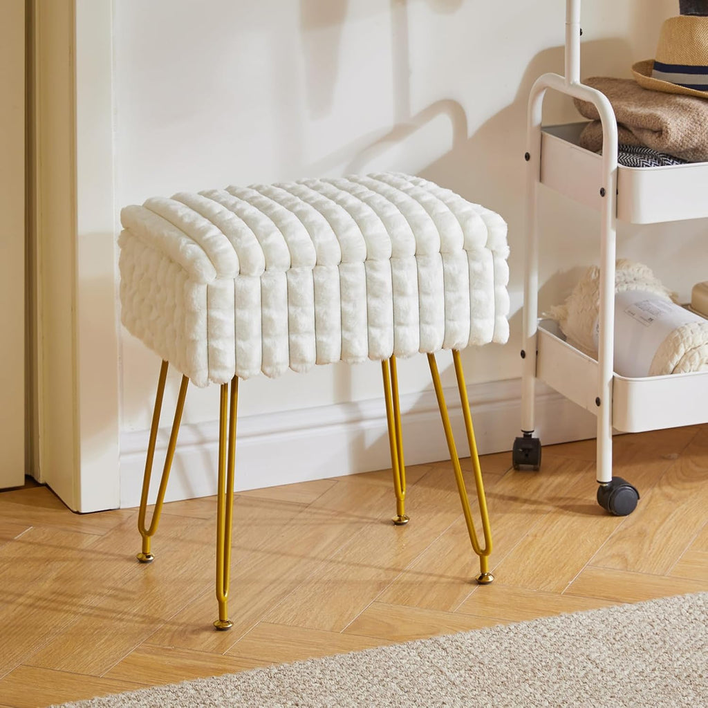 Rectangle Vanity Chair with Storage Space, Footrest Footstool Ottoman, Vanity Stool, Dressing Table Chair, with Anti-Slip Feet, for Makeup Room, Bedroom, Square Grid Pattern, White WBD004W
