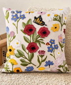 Embroidered Throw Pillow Cover 18x18 Inch - Spring Summer Boho Decorative Pillow Cover with Zipper for Living Room Couch Sofa Bed Aesthetic Design Flower Cluster Cushion Pillowcase