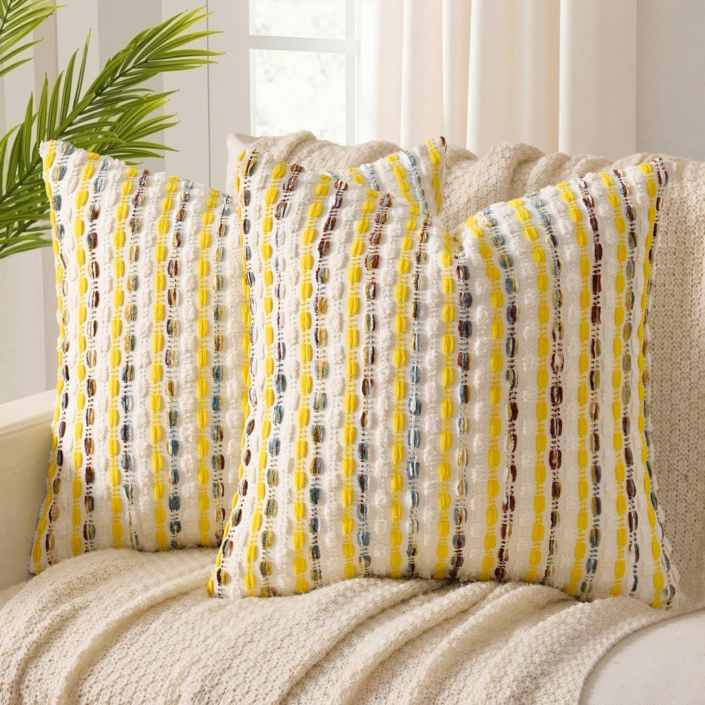 ANRODUO Pack of 2 Boho Decorative Throw Pillow Covers 18x18 Farmhouse Cushion Case Striped Chenille Pillow Cases Square Pillow Covers Accent Neutral Pillowcase for Sofa Couch Bed, Olive Green Stripe
