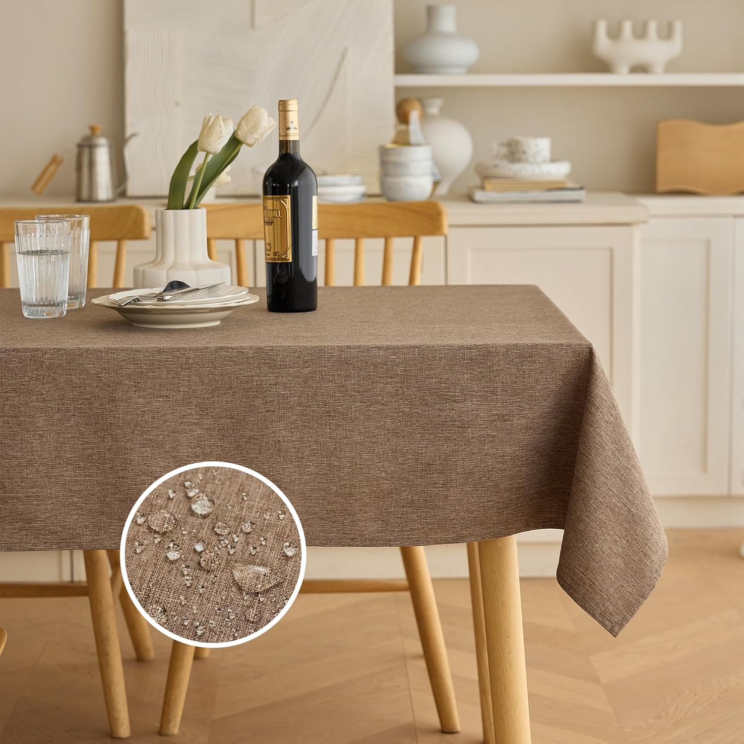 Decorelia Faux Linen Round Tablecloths 60 inch, Waterproof Decorative Washable Texture Rustic Circle Table Cloth Cover for Dining Kitchen Party Farmhouse Outdoor(Round (2-4 Seats),Sage Green)