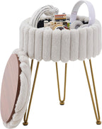 Vanity Stool with Storage, Faux Fur Ottoman Chair with Metal Legs, Round Makeup Vanity Chair for Bedroom or Dressing Table, Modern Small Ottoman Seat (Pink)