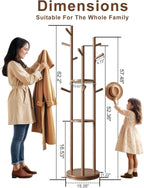 Solid Wood Rotary Coat Rack, Freestanding Coat Rack with 3 Shelves and 9 Hooks, Coat tree for Bedroom, Entryway, Livingroom, Coat Hanger Stand for Coats, Scarves, Handbags (Walnut)