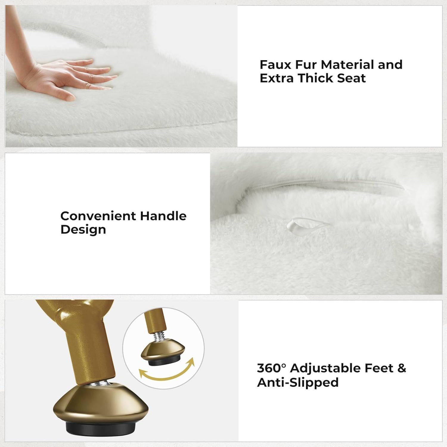 Small Vanity Stool Chair with Storage and Folding Back, 13.4" x 15" x 30" Square Faux Fur Soft Ottoman, 4 Metal Legs with Anti-Slip Feet, Furry Padded Seat for Makeup, Bedroom, White