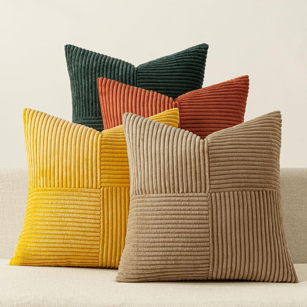 Teal Orange Decorative Throw Pillow Covers 18x18 Inch Set of 4 Boho Corduroy Striped Cushion Cases Modern Farmhouse Patchwork Pillow Cases for Couch Sofa Bedroom Home Decor