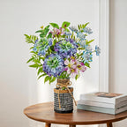 Fake Flowers in Vase Blue Faux Flowers Bush Bouquet Plant Flower Arrangements with Woven Glass Vase Artificial Flower Floral Bulk Bouquet Home Decor Bathroom Table Centerpiece Decorations