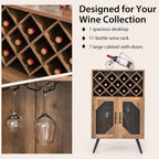 Giantex Farmhouse Wine Bar Cabinet, 11 Bottles Rack, Buffet Cabinet with Storage, Industrial Kitchen Sideboard, Anti-Tipping Design, 2 Doors, Glass Holder, for Living Room (Brown & Black)
