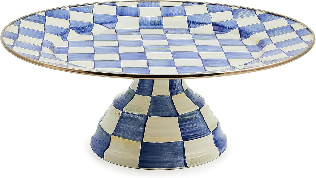 Enamel Pedestal Serving Platter, Decorative Serving Dish for Food, Mini, Black-and-White Courtly Check