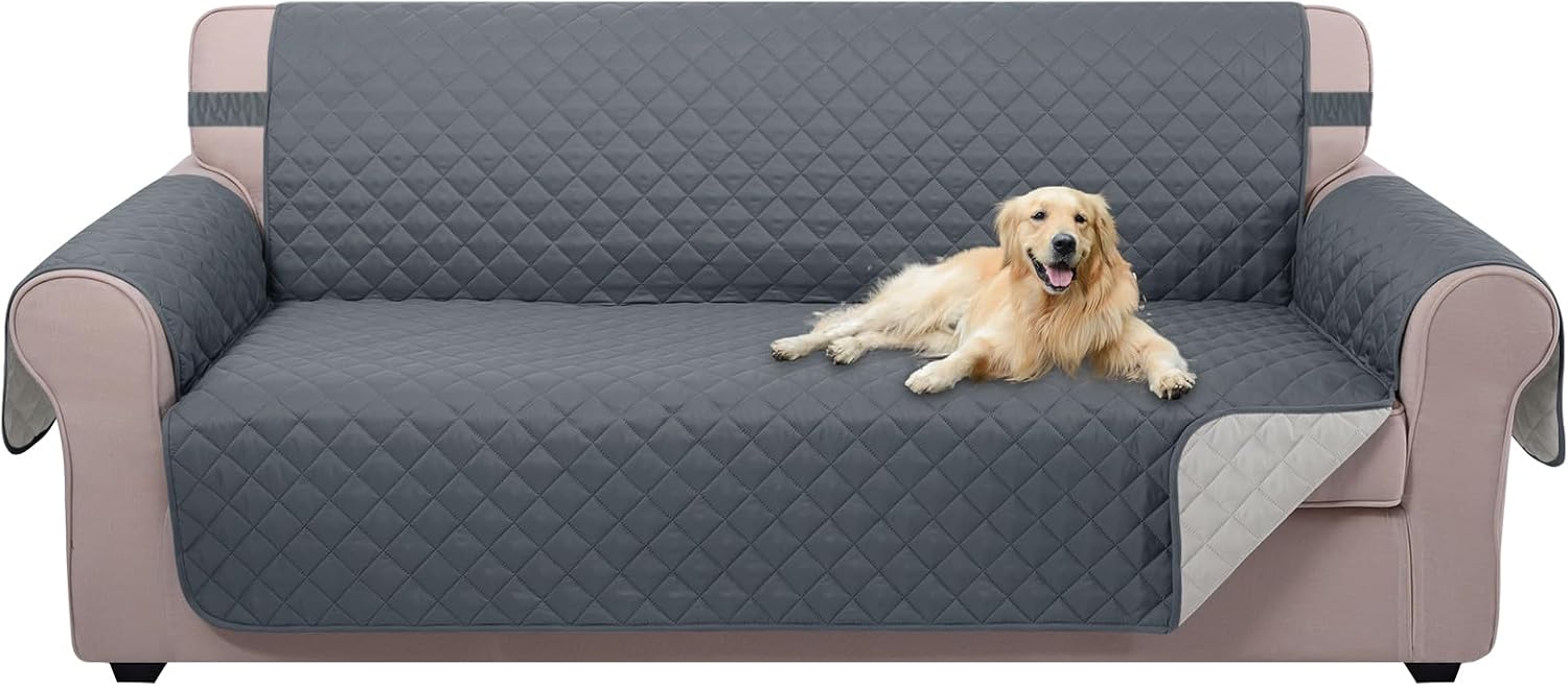 Reversible Sofa Cover Washable Couch Cover for Dogs Friendly with Elastic Straps Water Repellent Furniture Protector for 3 Cushion Couch (Sofa, Coffee/Beige)
