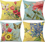 wyooxoo Throw Pillow Covers 18x18 Set of 4 Decorative Spring Pillow Covers Linen Flower Butterfly Farmhouse Pillowcases for Sofa Couch Living Room Outdoor