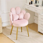 Makeup Vanity Chair with Back,Flower Cute Girls Desk Chair Comfy No Wheels,Modern Dining Chair,Small Accent Chair with Adustable Gold Legs&Bow Pillow for Home Office,Bedroom,Velvet,Pink