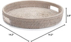13.8 inch Round Rattan Tray, Decorative Coffee Table Tray, Ottoman Tray, Woven Serving Tray with Handles, Wicker Serving Basket, Whitewash