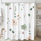 Watercolor Floral Shower Curtain, Sage Green Beige Flower Shower Curtain for Bathroom, Modern Minimalist White Waterproof Fabric Shower Curtain Set 72x72 Inch