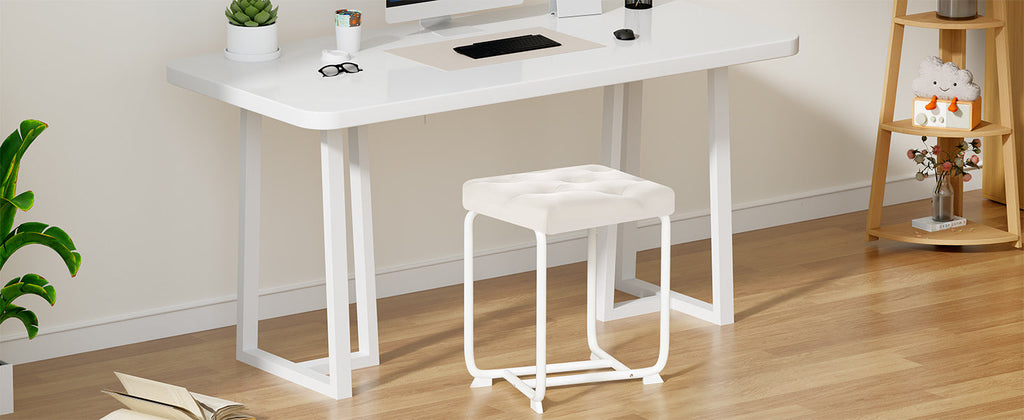 White Vanity Chair, Leather Vanity Stool, Small Stool Chair for Vanity, Square Ottoman Foot Stool, Makeup Vanity Chairs with Thick Padded Seat for Bathroom, Bedroom, Entryway, KFD01W