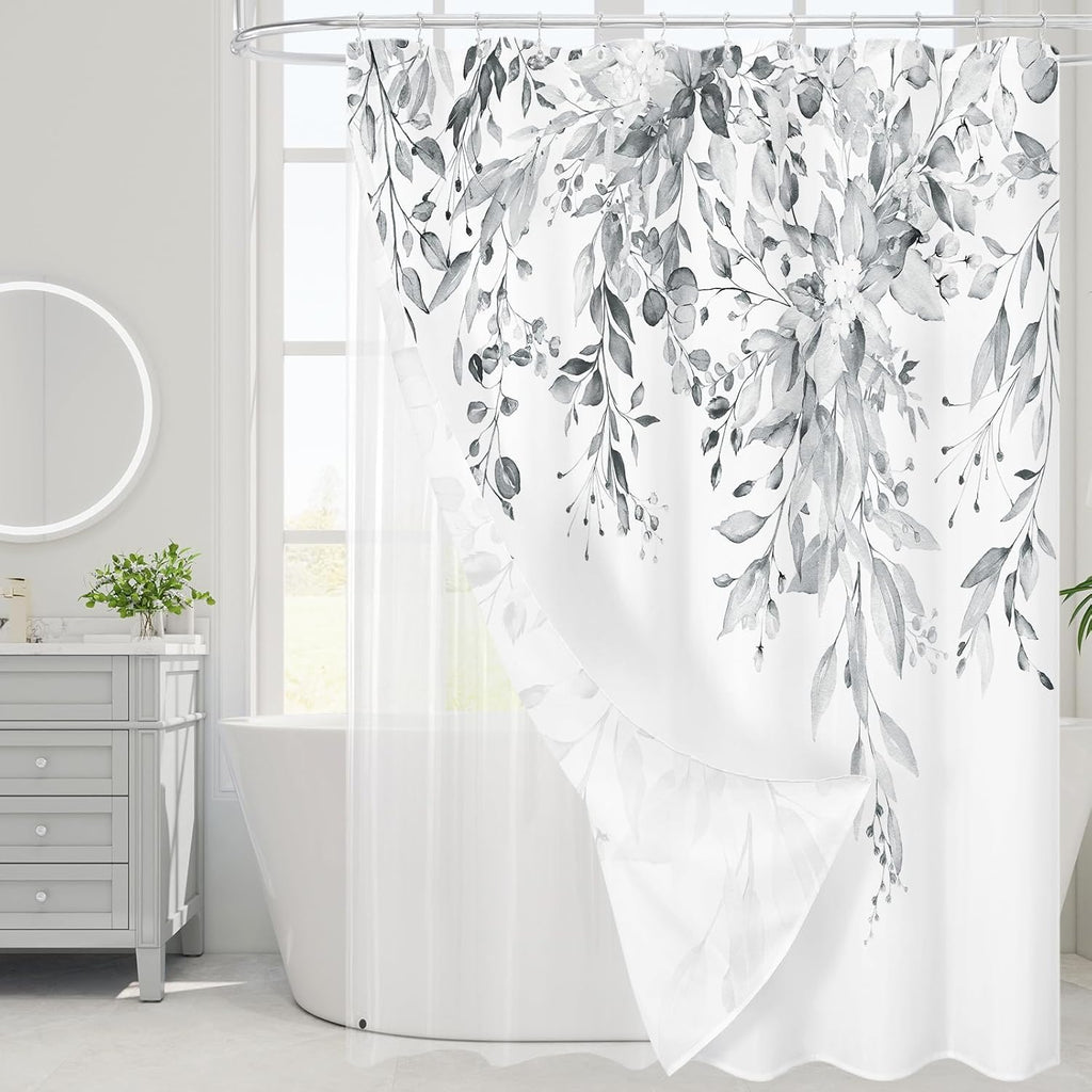 Grey Eucalyptus Shower Curtain, Watercolor Plant Leaves with Floral Bathroom Shower Curtain Set, Gray White, 72x72
