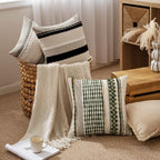 ANRODUO Pack of 2 Boho Decorative Throw Pillow Covers 18x18 Farmhouse Cushion Case Striped Chenille Pillow Cases Square Pillow Covers Accent Neutral Pillowcase for Sofa Couch Bed, Olive Green Stripe
