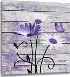 Farmhouse Floral Wall Art for Living Room, Blue and White Daisy Flower and Butterfly on Rustic Wood Board Canvas Wall Art Framed Artwork Ready to Hang for Bathroom Bedroom Decor, 16L X 12W