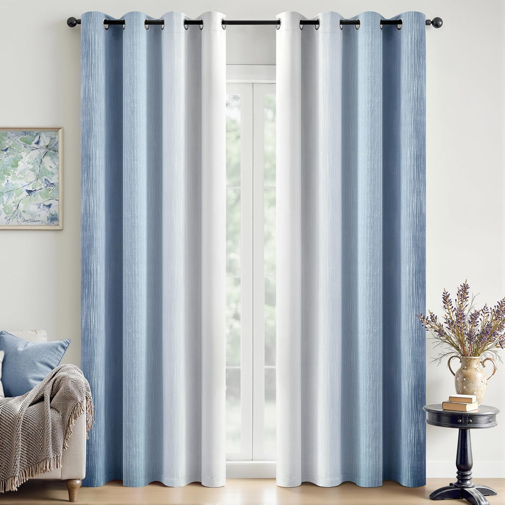 Ombre 100% Blackout Curtains, Navy Blue and Greyish White Full Room Darkening Thermal Insulated 84 Inches Long Drapes for Bedroom/Living Room Grommet Window Treatments Modern 52Wx84L, Set of 2