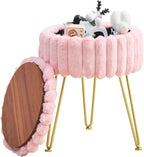Vanity Stool with Storage, Faux Fur Ottoman Chair with Metal Legs, Round Makeup Vanity Chair for Bedroom or Dressing Table, Modern Small Ottoman Seat (Pink)