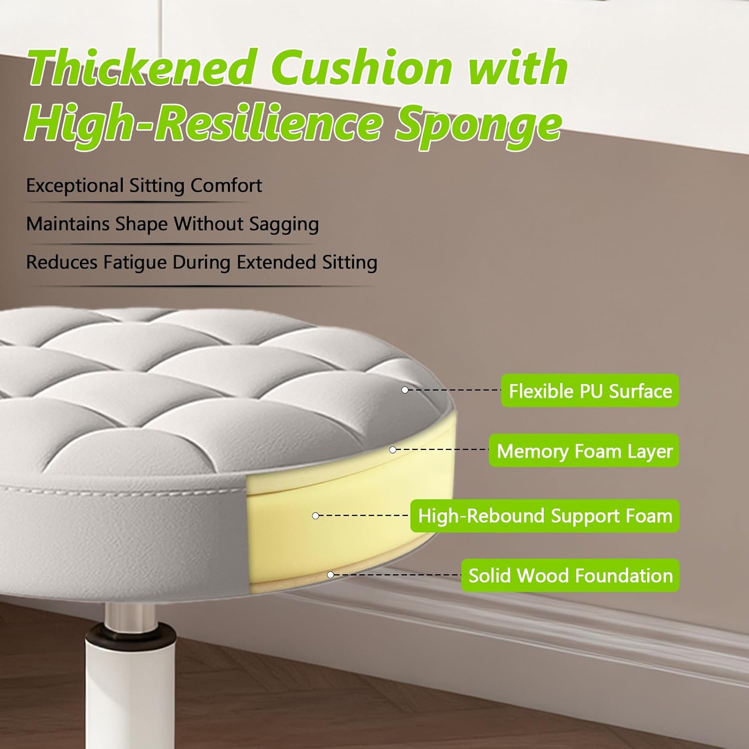 Small PU Leather Round Stool Chair Armless Comfy Rolling Medical Salon Stools with Wheels Height-Adjustable for Tattoo Salon Work Home, Office Chair