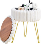 Vanity Stool with Storage, Faux Fur Ottoman Chair with Metal Legs, Round Makeup Vanity Chair for Bedroom or Dressing Table, Modern Small Ottoman Seat (Pink)